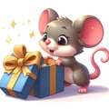 Cute little mouse opening a box with a gift, Christmas cartoon illustration